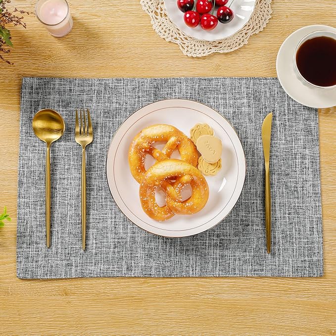 SHACOS Fabric Placemats Set of 4 Washable Heat Resistant Double Layer Thick Table Mats Non Slip Cloth Place Mats Indoor Outdoor, Light Grey White