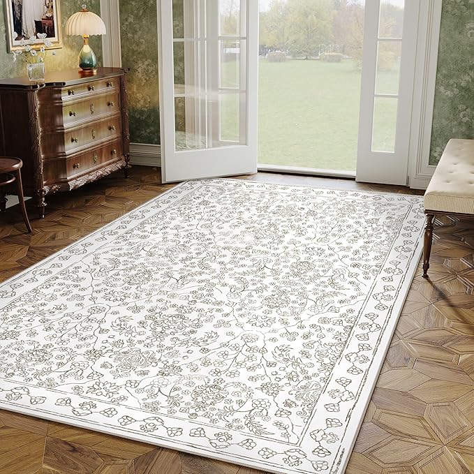Floral Area Rug 4x6 Washable Entryway Taupe Carpet Non Slip Boho Thin Farmhouse Throw Accent Rug for Living Room Bedroom Office Kitchen Bathroom