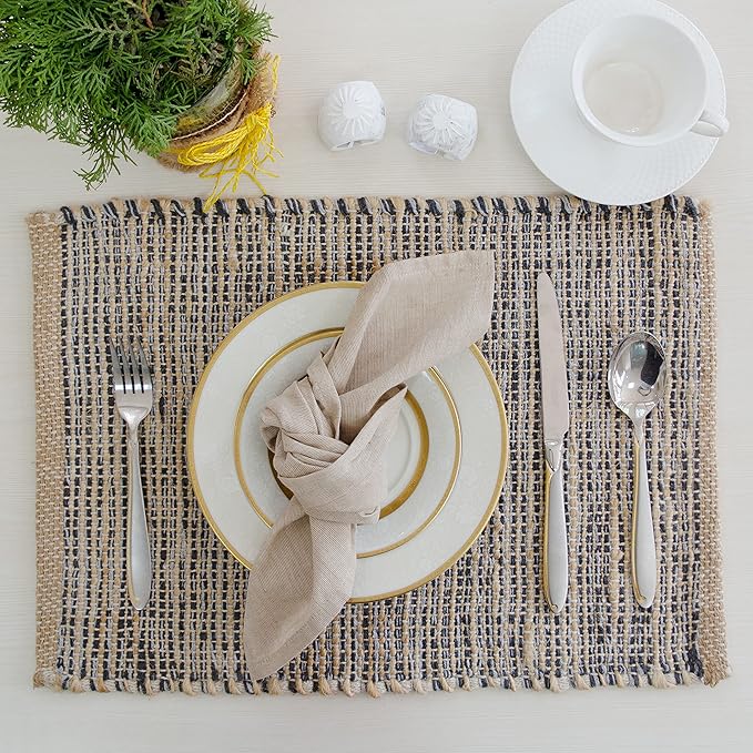 Chardin home | Natural Jute Placemats Set of 4 | 13x19 Inch. Rustic Farmhouse Place mats | Table mats Colors - Natural Jute and Grey