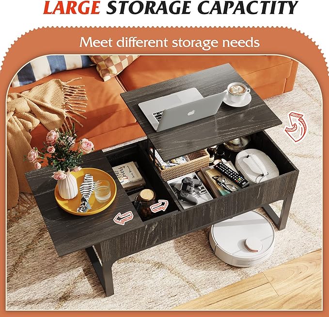 WLIVE Lift Top Coffee Table with Storage, 40.9" Coffee Table with Lifting Top & Sliding Cover, Wood Modern Center Table with 2 Hidden Compartment for Living Room, Charcoal Black