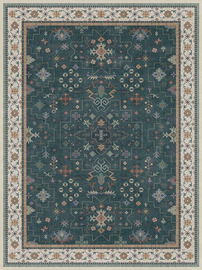 Vintage Dark Green 6x8 Dining Room Rugs for Under Kitchen Table - Washable Livinig Room Rug - Unique Floral Pastel Low Pile Non-Slip Area Rugs for Bedroom
