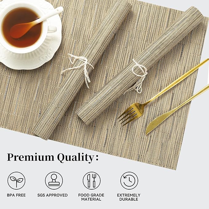 Leetaltree Light Brown Placemats Set of 4 - Heat Resistant Non-Slip Place mats for Dining Table, Washable Durable PVC Vinyl Woven Table Mats(Light Brown, 4)