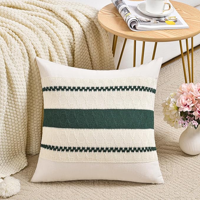 Fancy Homi Set of 2 Dark Green Boho Decorative Throw Pillow Covers 18x18 Inch for Couch Bed Sofa Bedroom Indoors, Modern Farmhouse Vintage Forest Green Living Room Decor