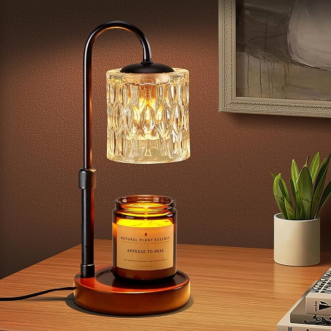 Briever Dimmable Candle Warmer Lamp with Timer, Height Adjustable Electric Candle Wax Warmer for Jar Candles, Top-Down Light Heat Melting Wax with 2 Bulbs, Walnut Solid Wood Base for Home Decor Gifts