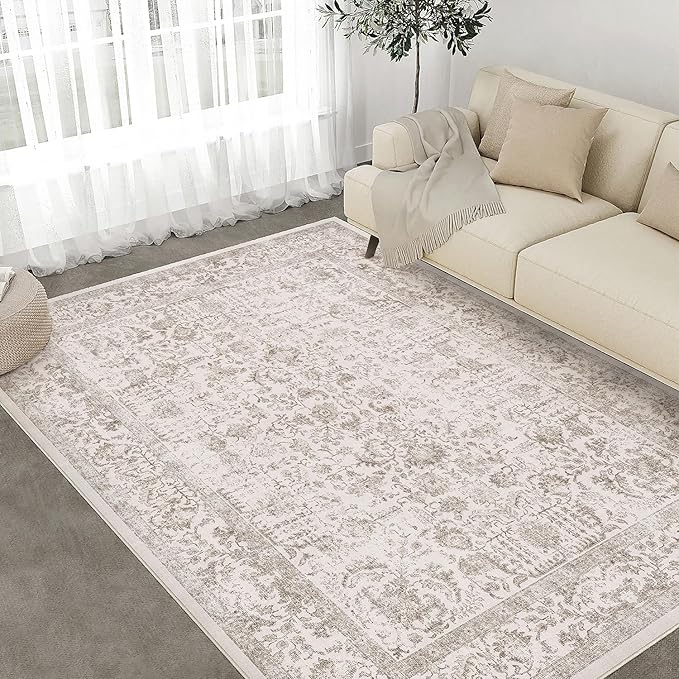 Light Brown Area Rug 9x12 Machine Washable Large Vintage Living Room Distressed Non Slip Carpet Traditional Indoor Bedroom Retro Floral Accent Throw Rug for Office Kitchen Dining Room