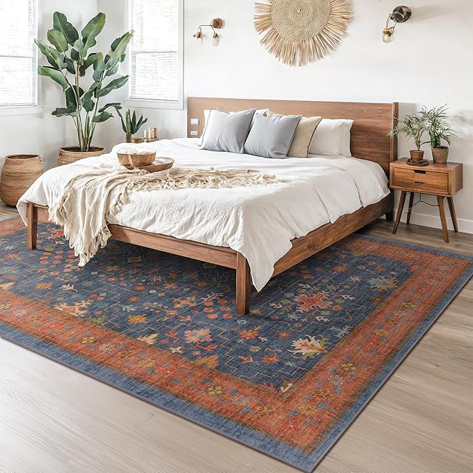 Navy Blue Area Rugs 9x12 Living Room, Dining Room Rugs for Under Table - Washable Low Pile Non-Slip Rugs for Bedroom - Vintage Boho Eclectic Home Decor - Ultra Soft Faux Wool Stain Resistance