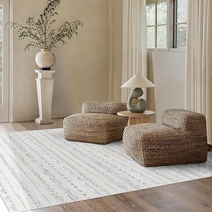 Deerly 6x9 Area Rug Living Room, Boho Moroccan Farmhouse Machine Washable Rugs for Bedroom Home Office Decor, Soft Non Slip Low Pile Indoor Floor Carpet Neutral Rug Large, Light Grey