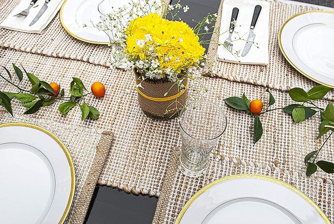 Chardin home Natural Jute Table Runner - 13x72 Inch, Rustic Farmhouse Style - Colors: Natural Jute and Ivory