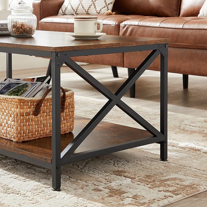 VASAGLE Coffee Table, Cocktail Table with Storage Shelf and X-Shape Steel Frame, Industrial Farmhouse Style, 39.4 x 21.7 x 17.7 Inches, Rustic Brown and Black ULCT200B01V1