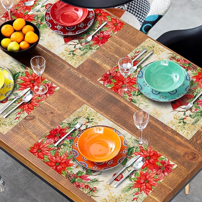Winter Red Birds Placemats Set of 4 Xmas Holly Berry Pine Cones Place Mat for Kitchen Dining Decor 12 x 18 Inch Watercolor Poinsettias Linen Fabric Table Mats for Home Holiday Seasonal Party