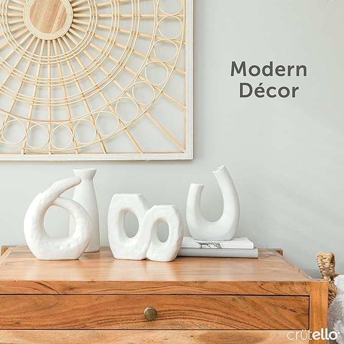 Crutello Minimalist White Ceramic U Style Vase - Set of 2 Modern Home Decor for Mantles, Bookshelves, Tables, Entryways