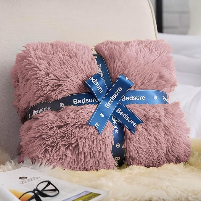 Bedsure Fluffy Dusty Pink Throw Blanket Gifts for Women, Girls, Soft Fleece Cozy Fuzzy Sherpa Plush Warm Minky Thick Faux Fur Throws for Couch, Dark Pink Decor House Blanket Gifts for Her, 50x60
