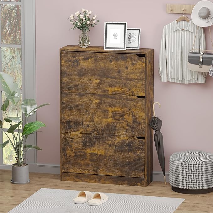 Shoe Cabinet with 3 Flip Drawers, Hidden Wood Shoe Cabinet,Freestanding Shoe Storage Cabinet for Entryway Hallway