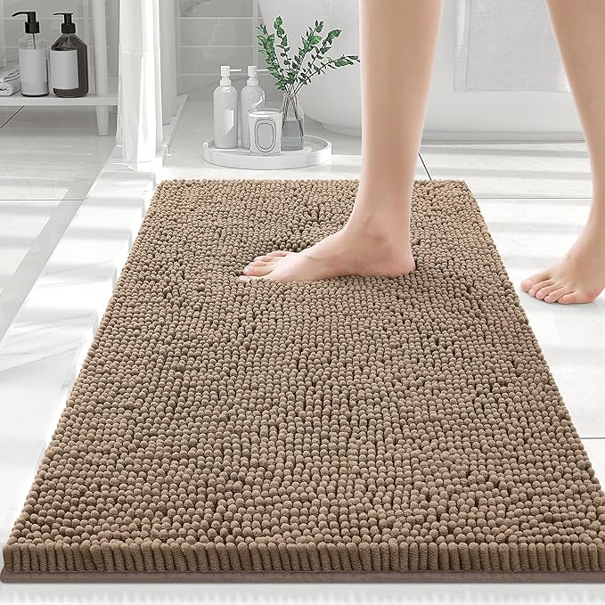 Smiry Luxury Chenille Bathroom Rugs 30x20, Extra Soft and Absorbent Shaggy Bath Mat, Machine Washable, Non-Slip Plush Carpet Runner for Tub, Shower, and Floor, Home Decor Accessories, Camel