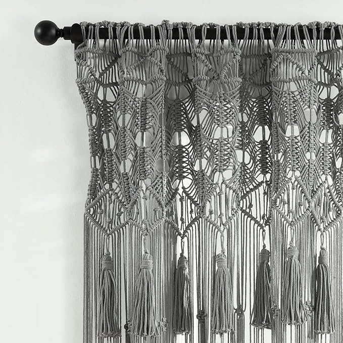 Lush Decor Boho Macrame Tassel Cotton Window Curtain/Room Divider/Wedding Backdrop/Wall Decor, 84" L x 50" W, Gray