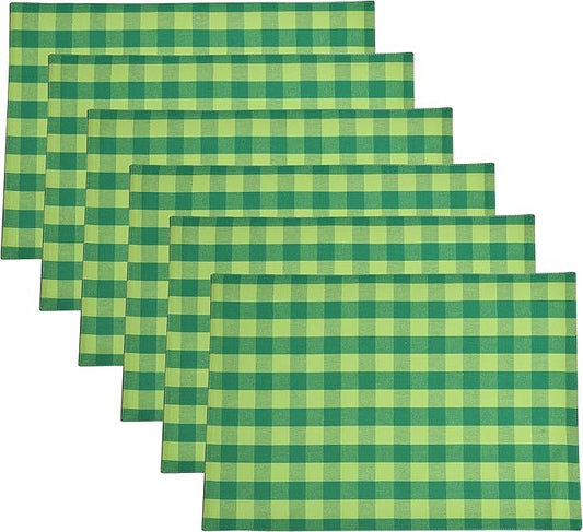 Urban Villa Green Checks Special 100% Cotton Fused Place Mats 14''x 20'' Over Sized Set of 6 Green Check Plaid Every Day Use Heavier Quality