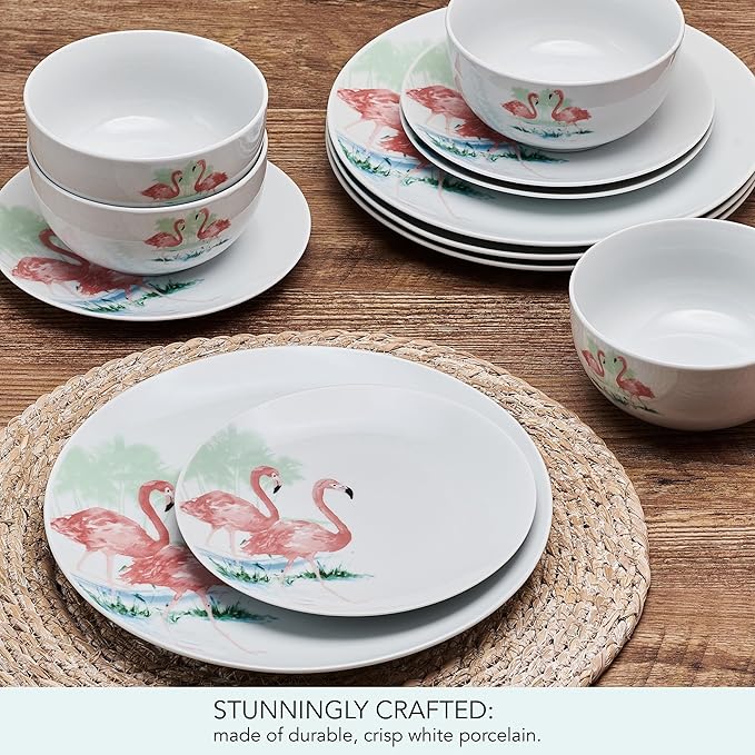 Studio Nova Flamingo Haven Tropical 12 Piece Dinnerware Plate Bowl Set, Service for 4