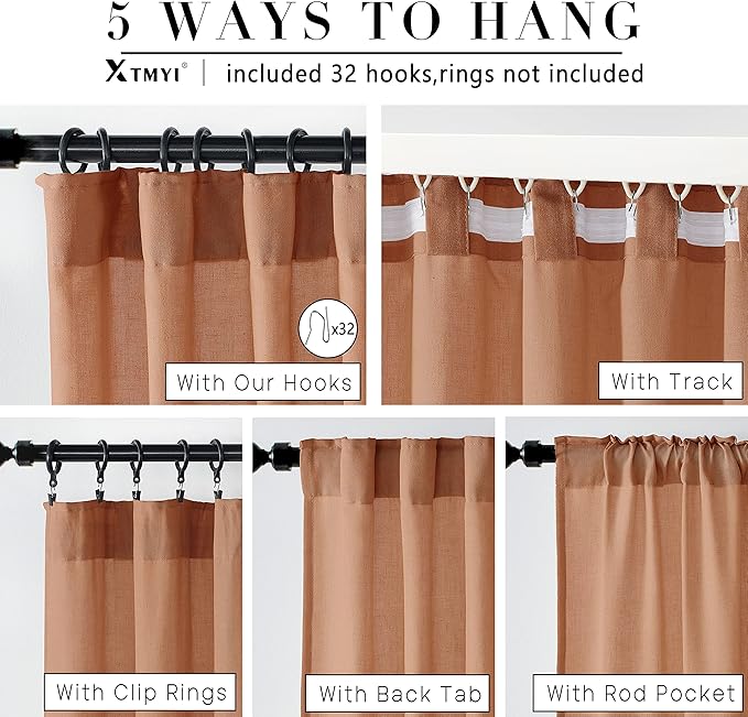 XTMYI 70 Inches Wide Terracotta Country Curtains for Living Room,Sheer Linen Curtains for Bedroom 96 Inches Long