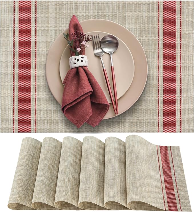 More Décor Dining Table Placemats, Washable Heat-Resistant PVC Vinyl Table Mats for Dining Room and Kitchen, Anti-Slip - Set of 6 - Vertical Striped Red - Grey