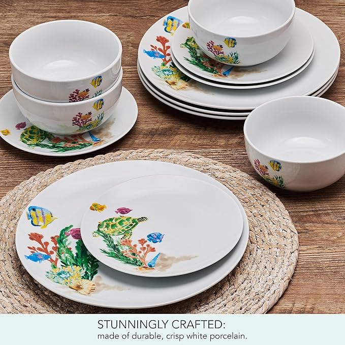 Studio Nova Coastal Ocean Underwater Life 12 Piece Dinnerware Plate Bowl Set, Service for 4
