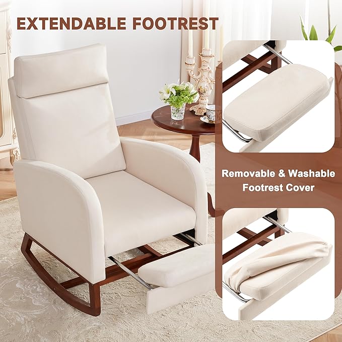 Rocking Chair Nursery Chair with Foot Rest, Nursery Rocking Chairs with High Back, Glider Rocking Chair with Pocket, Baby Nursery Glider Rocker, Nursing Chair Accent Living Room (Linen Beige)