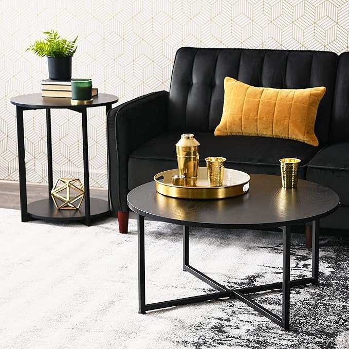 Household Essentials Jamestown Round Coffee Table Black Oak Wood Grain and Black Metal
