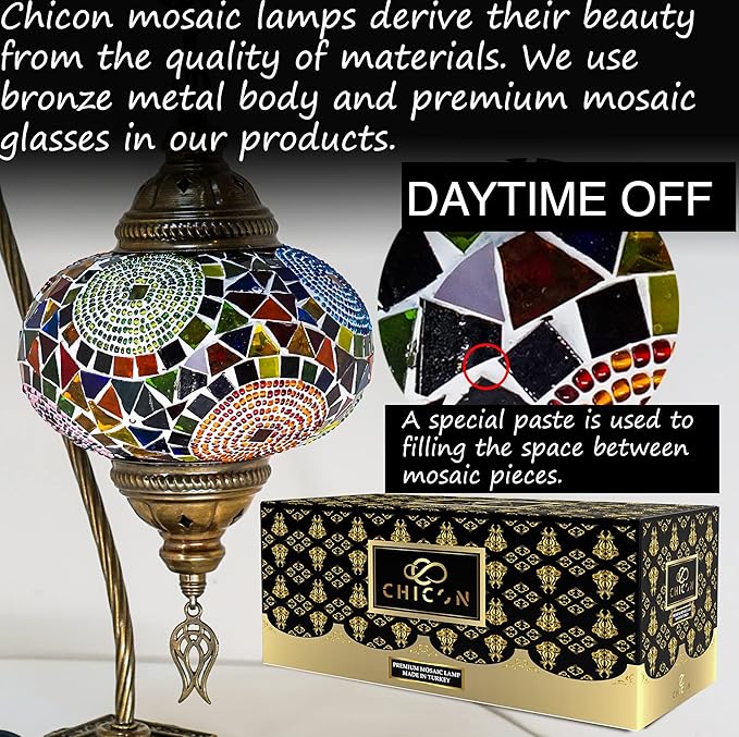 CHICON Handmade Mosaic Tiffany Boho Lamp | Genuine Glass Mosaic | A Piece of Art in Unique Moroccan Bohemian Small Table Lamp - SWAN 3Globes Multicolor