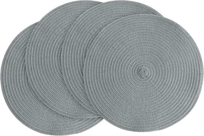 Floroom 15 Inch Round Braided Placemats Set of 4, Washable Heat Resistant Cotton Polyester Circle Place Mats for Kitchen Dining Table - Charcoal Grey