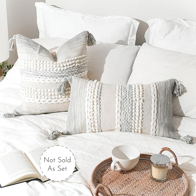 Gray Decorative Lumbar Pillow Cover 14x24, Boho Accent Throw Pillow Case for Couch Sofa Bed, Modern Farmhouse Textured Lumbar Cushion Bedroom Living Room, Cover ONLY