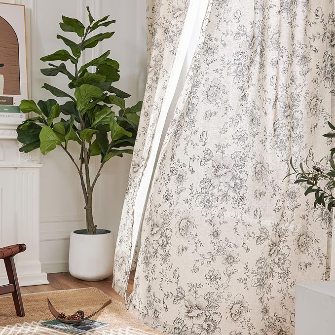 jinchan Linen Blend Curtain Floral Curtains for Living Room 63 Inch Length Black Printed Curtain Rod Pocket Back Tab Farmhouse Peony Flower Patterned Drapes Bedroom Window Curtains Set 2 Panels