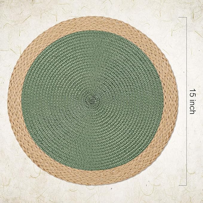 Noctiflorous Round Braided Placemats Set of 4 Table Mats 15 Inches Washable Heat Resistant for Dining Table Non-Slip Indoor Outdoor Place Mats for Thanksgiving Christmas Easter(Green Wide Edge 4)
