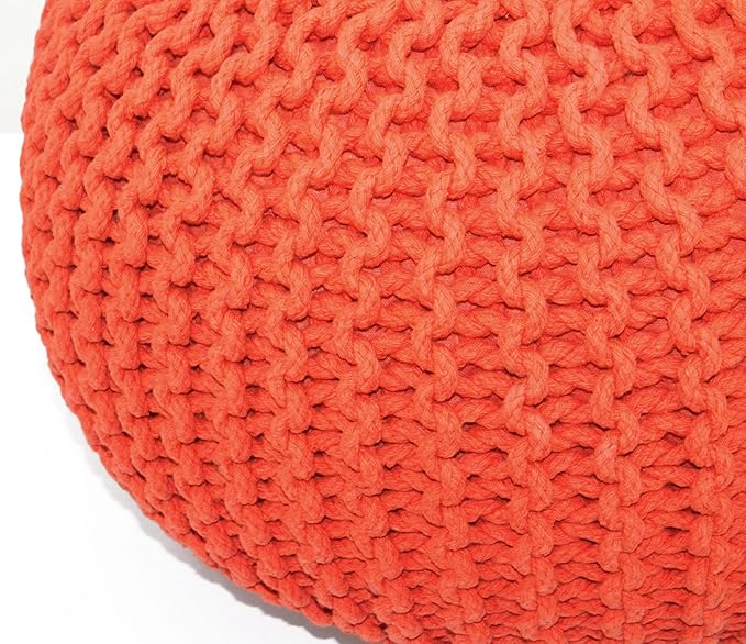 COTTON CRAFT Round Pouf - Hand Knitted Cotton Braid Cord Cable Dori Ottoman - Foot Stool Floor Pouf Footrest Accent Seat Furniture Bean Bag - Living Room Kids Room Nursery Dorm Décor - 20x14 - Orange