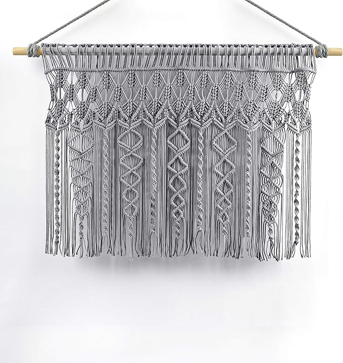 Lush Decor Boho Macrame Textured Cotton Valance, 40" W x 30" L, Gray - Boho Kitchen Curtains & Wall Decor - Macrame Valance - Bathroom Window Curtains