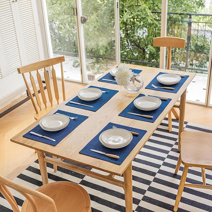 Demetex Place Mats Set of 6 Farmhouse Heat Resistant Table Linen Placemats for Party Buffet and Camping, Navy Blue