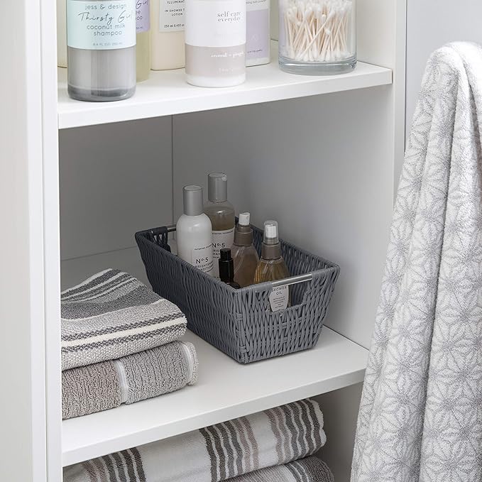 Simplify Small Shelf Rattan Storage Basket | 11.5"x 6.5"x 4.5" | Iron Wire Construction | Carry Handles | Ideal for Home | Dorm | Office | Home Organization | Charcoal