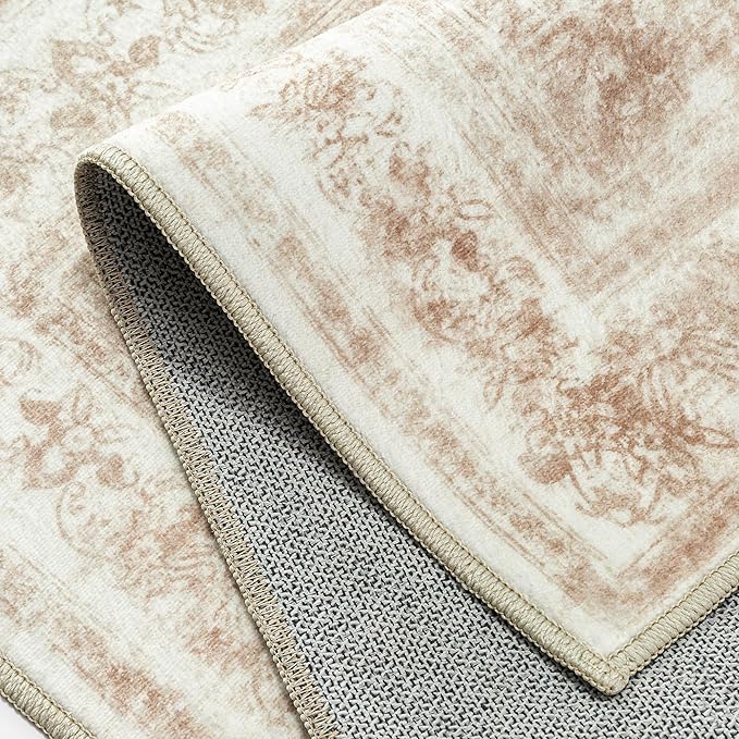 Runner Rug 3x7 Washable Beige Hallway Runner Vintage Boho Medallion Non Slip Distressed Retro Carpet Indoor Low Pile Long Soft Rug for Kitchen Entryway Bedroom Bathroom Laundry