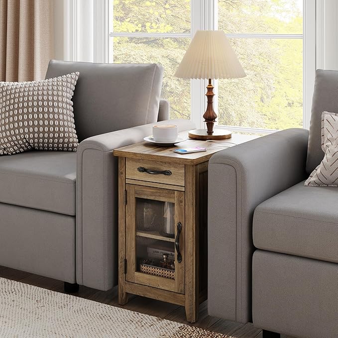 LINSY HOME Farmhouse End Table with Charging Station, Narrow Side Table for Living Room, Sofa Side Table with Drawer and Storage Cabinet, Small Nightstand for Home Office