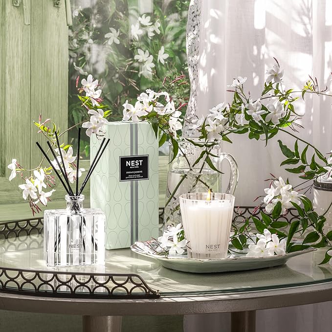 NEST New York Reed Diffuser, Indian Jasmine - 5.9 fl oz - Fragrance for Up to 90 Days - Reusable, Refillable Glass Holder - Includes 8 All-Natural Reed Sticks - Flame Free