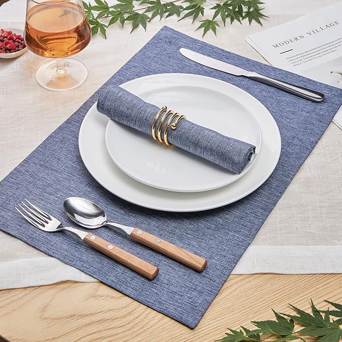 Mebakuk Cloth Placemats, Machine Washable Linen Style Thick Place Mats, Heat Resistant and Easy to Clean Fabric Table Mats for Kitchen Dining Table (Denim Blue, Set of 6)