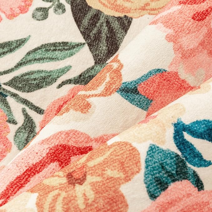 Washable Floral Area Rug 3x5 Beige Office Carpet Scalloped Flower Non Slip Soft Entrance Door Mat Farmhouse Low Pile Thin Indoor Floor Cover for Kitchen Bathroom Bedroom Laundry Living Room