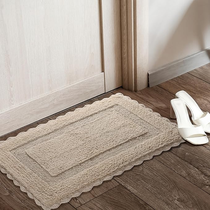 Cotton Crochet Bathmat with Antiskid 21x34 Linen, 100% Pure Cotton, Super Soft White, Plush & Absorbent, Hand Tufted Heavy Weight Construction, Full Reversible Step Out Rugs