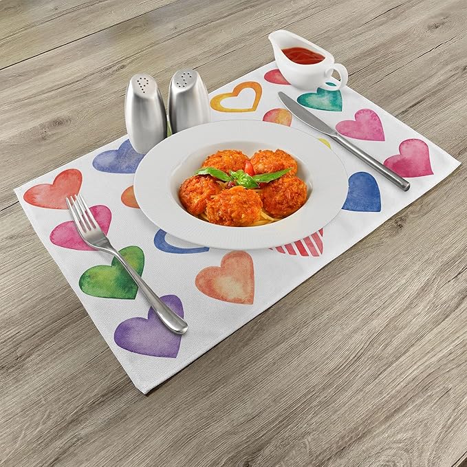 Ambesonne Grunge Place Mats Set of 8, Rainbow Color Heart Shapes Valentine's Day Design Romantic His and Hers Theme, Washable Fabric Placemats for Dining Table, Placemat 8 pcs, Red Multicolor