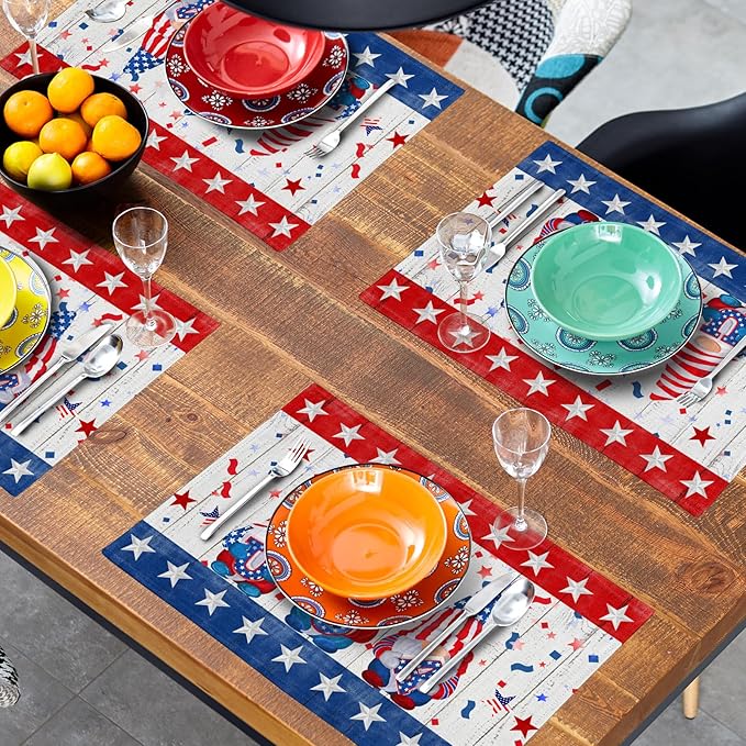 Giwawa Patriotic Gnomes Placemats 12x18inch 4th of July USA Elf American Stars Place Mat Set of 4 for Kitchen Dining Independence Day Heat Resistant Table Mats for Tabletop Holiday Decor