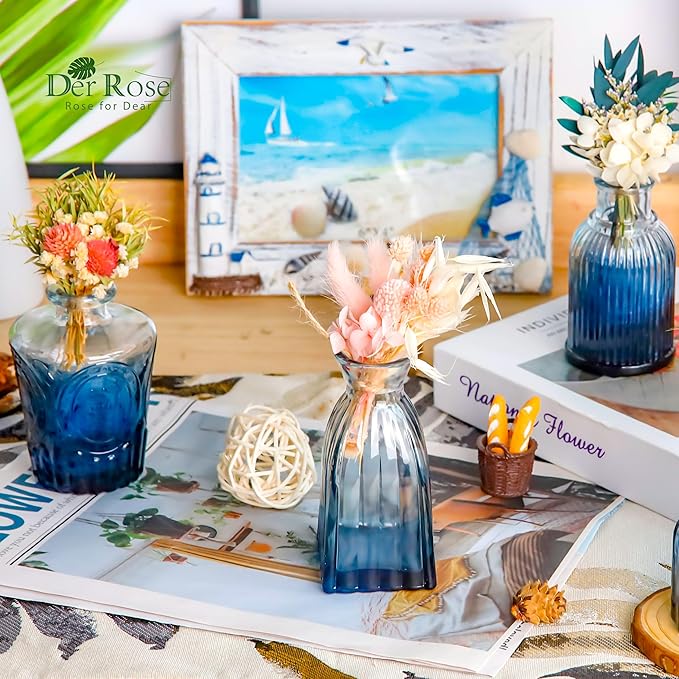 Der Rose Bud Vases in Bulk Glass Vase for Centerpieces Set of 12 Small Flower Vases Mini Vintage Vases for Rustic Wedding, Home Table Decorations (Blue)