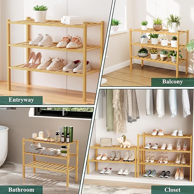 Smiry Shoe Rack, 3 Tier Bamboo Shoe Organizer, Stackable Free Standing Wooden Shoe Storage Shelf for Closet, Entryway, Front Door Entrance, Natural