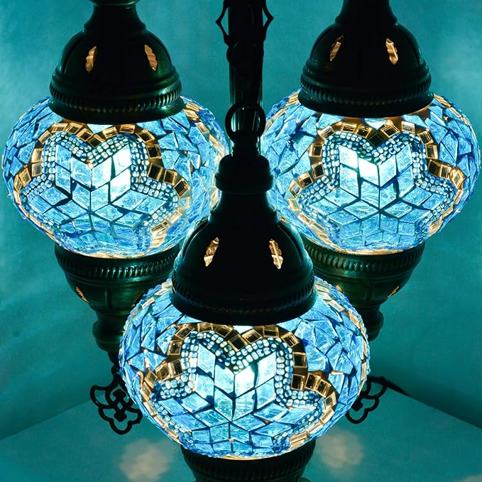 mozaist Moroccan Handmade Mosaic Table Lamp, Turkish Vintage Boho Style Desk Light, 3 Globe Bedside Country Décor for Home Lighting, Rural Authentic Unique Gift with US Plug & E12 Socket (Sea Blue)