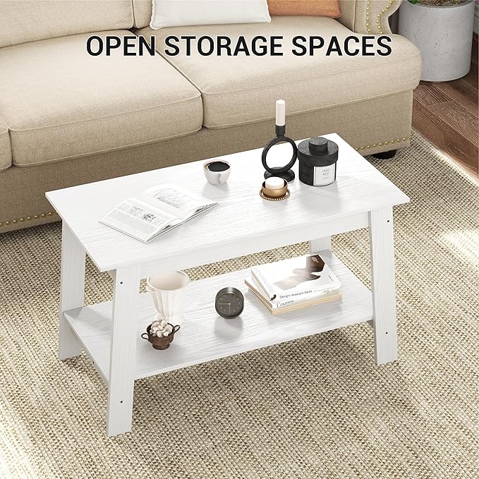 2-Tie Coffee Table, Rustic Wood Living Room Tables with Open Rectangular Storage Compartment, Coffee Tables for Living Room, Outdoors, Home Office, Bedroom, White