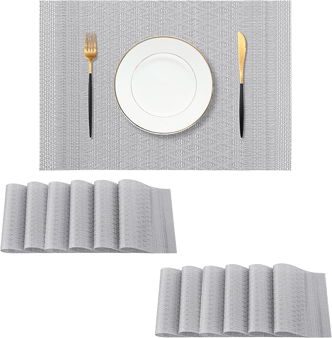 Leetaltree Lunar Grey Placemats Set of 12 - Heat Resistant Non-Slip Place mats for Dining Table, Washable Durable PVC Vinyl Woven Table Mats(Lunar Grey, 12)
