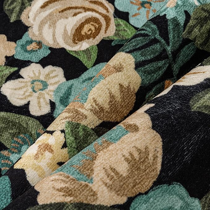 Washable Floral Area Rug 2x3 Black Small Entryway Carpet Scalloped Flower Non Slip Soft Entrance Door Mat Farmhouse Low Pile Indoor Thin Floor Cover for Bathroom Kitchen Bedroom Laundry Room