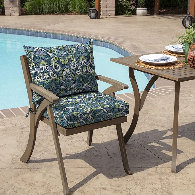 Arden Outdoor Dining Chair Cushion, 21 x 21, Rain-Proof, Fade Resistant 21 x 21, Sapphire Aurora Blue Damask